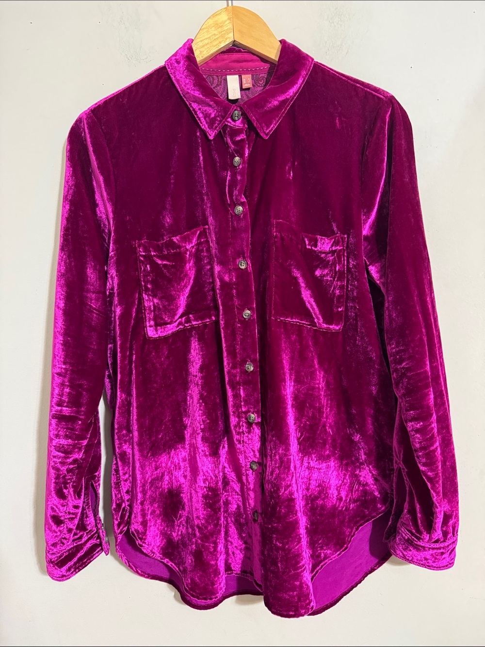 Pilcro Anthropologie Velvet Button-Front Shirt Magenta Womens 6 Whimsigoth Boho